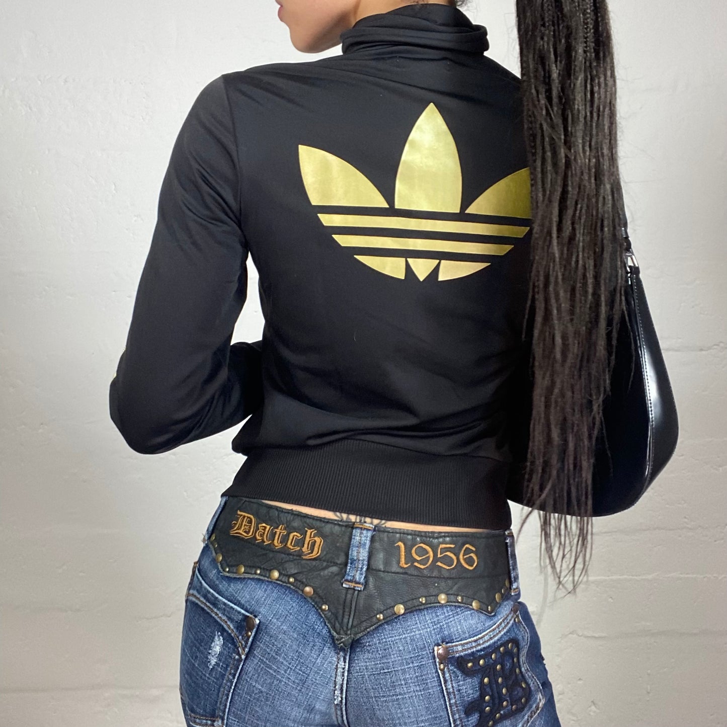 Vintage 2000's Archive Adidas Sporty Slim Fitting Black Zip Up Pullover with Gold Logo Print (S)