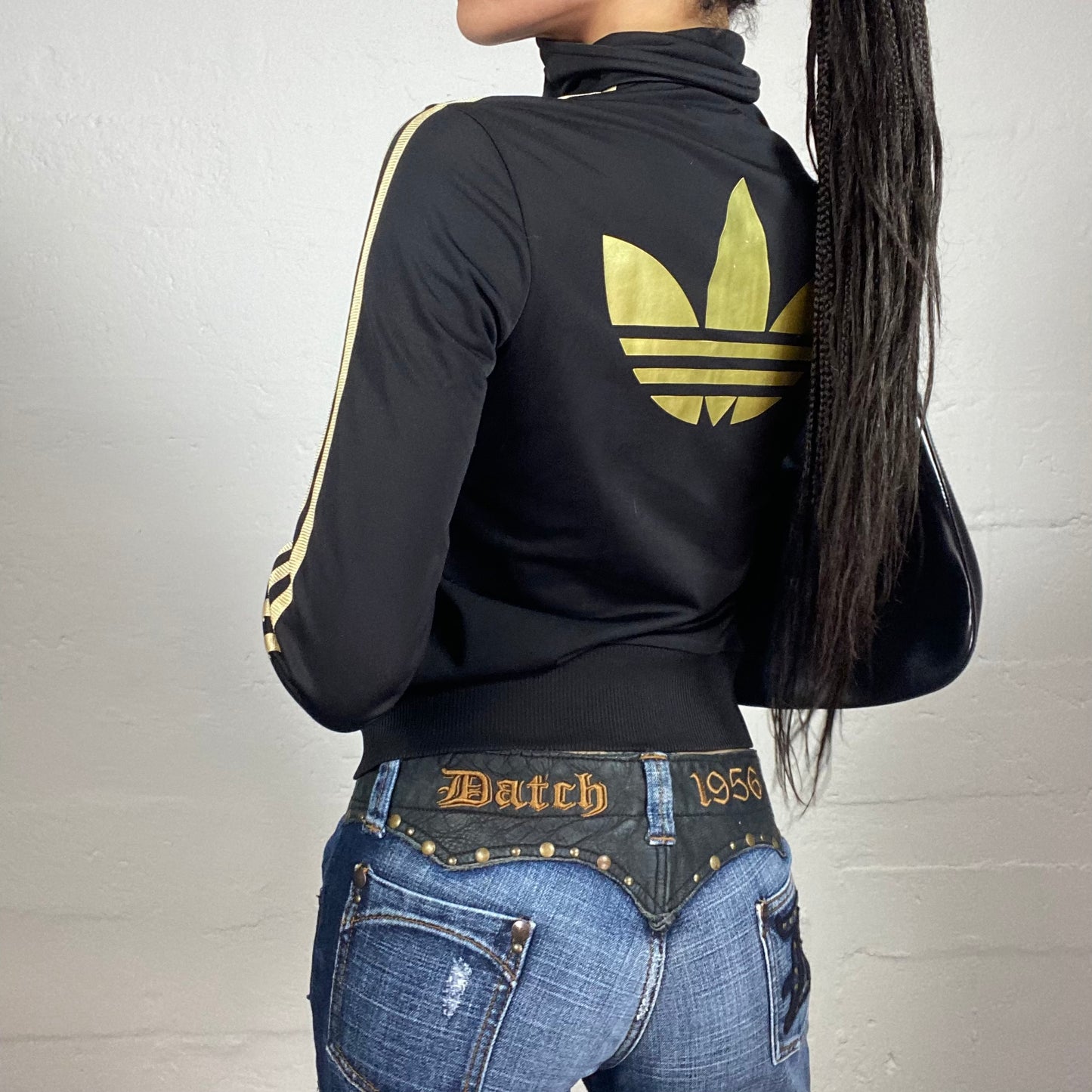 Vintage 2000's Archive Adidas Sporty Slim Fitting Black Zip Up Pullover with Gold Logo Print (S)