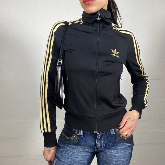 Vintage 2000's Archive Adidas Sporty Slim Fitting Black Zip Up Pullover with Gold Logo Print (S)