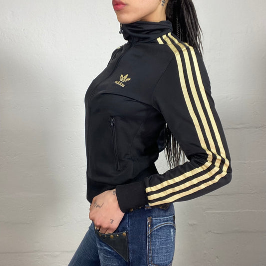 Vintage 2000's Archive Adidas Sporty Slim Fitting Black Zip Up Pullover with Gold Logo Print (S)