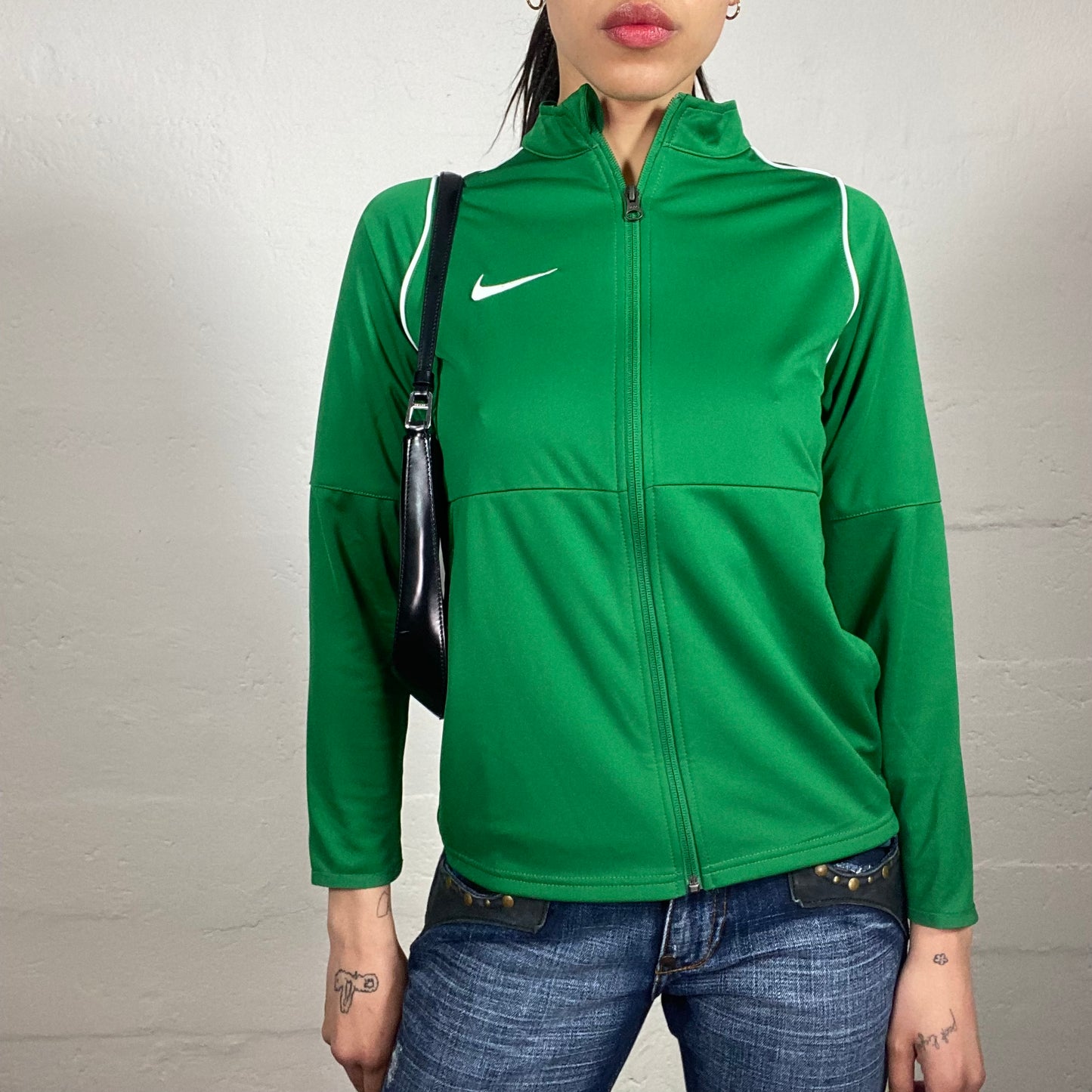 Vintage 2000's Archive Nike Sporty Green Zip Up Pullover with White Logo Print (L)