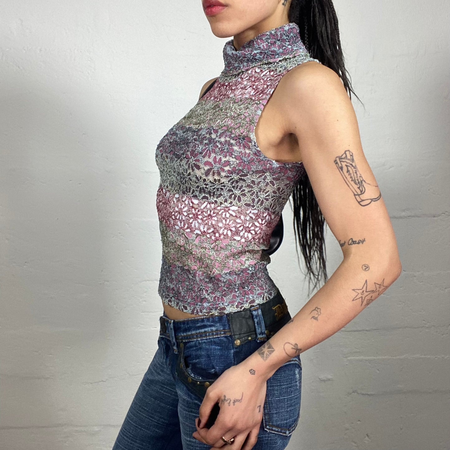 Vintage 2000's Soft Girl Pink and Grey Sleeveless Top with Floral Cut Out Print and Turtleneck (S)