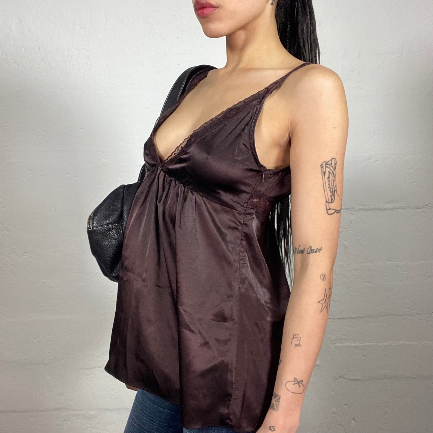 Vintage 2000's Upper East Side Style Brown Silky Long Cami Top with Lace Bra Trim (M)