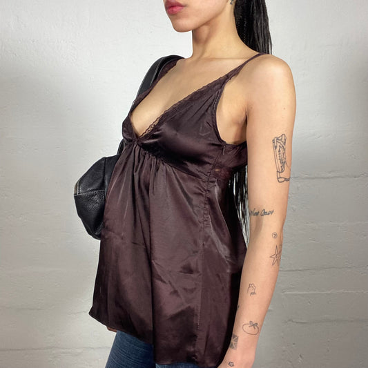 Vintage 2000's Upper East Side Style Brown Silky Long Cami Top with Lace Bra Trim (M)