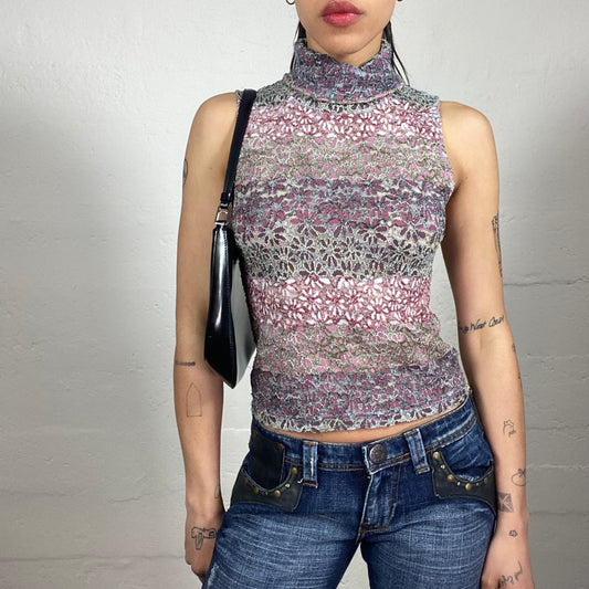 Vintage 2000's Soft Girl Pink and Grey Sleeveless Top with Floral Cut Out Print and Turtleneck (S)