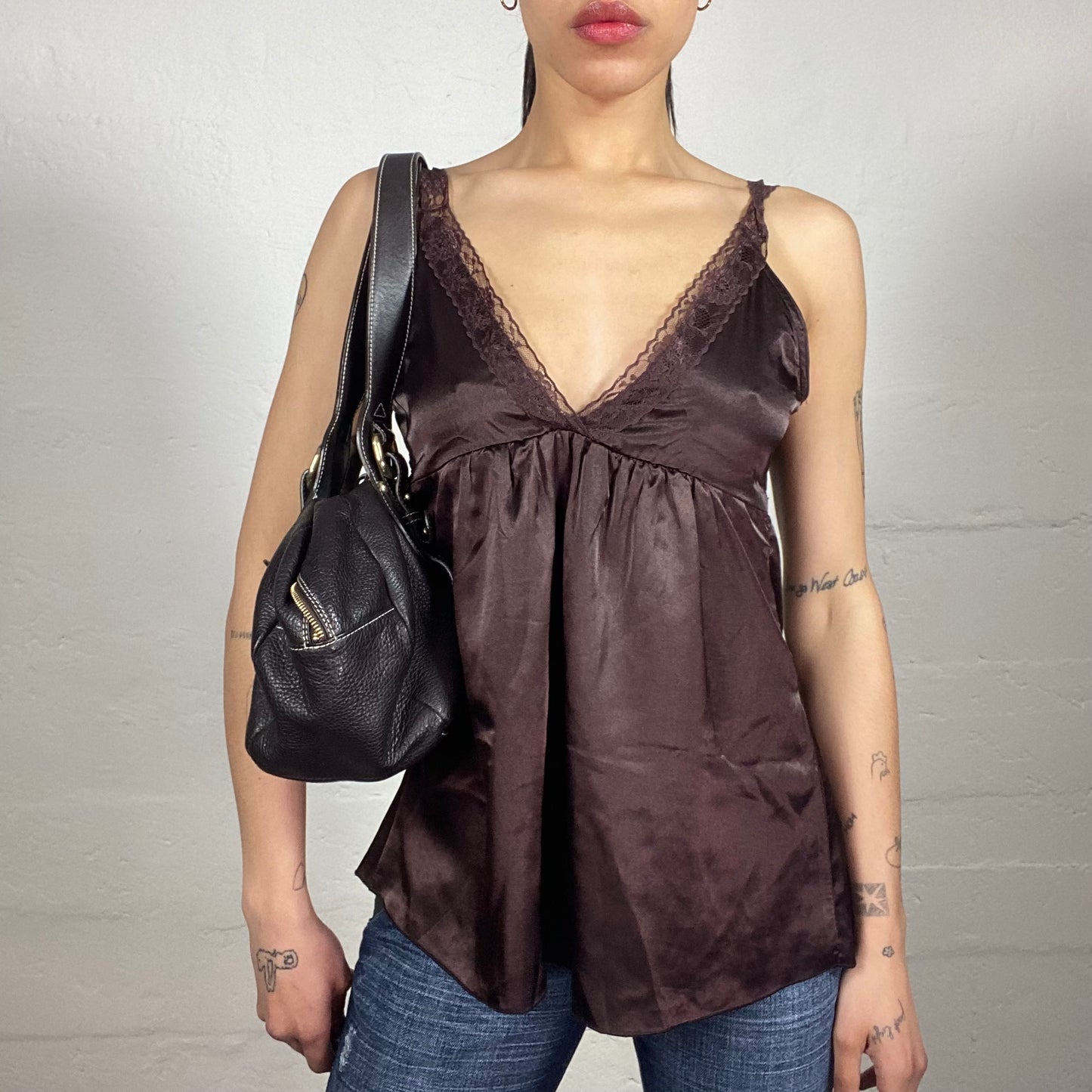 Vintage 2000's Upper East Side Style Brown Silky Long Cami Top with Lace Bra Trim (M)