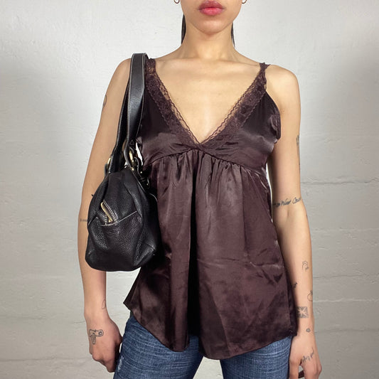 Vintage 2000's Upper East Side Style Brown Silky Long Cami Top with Lace Bra Trim (M)