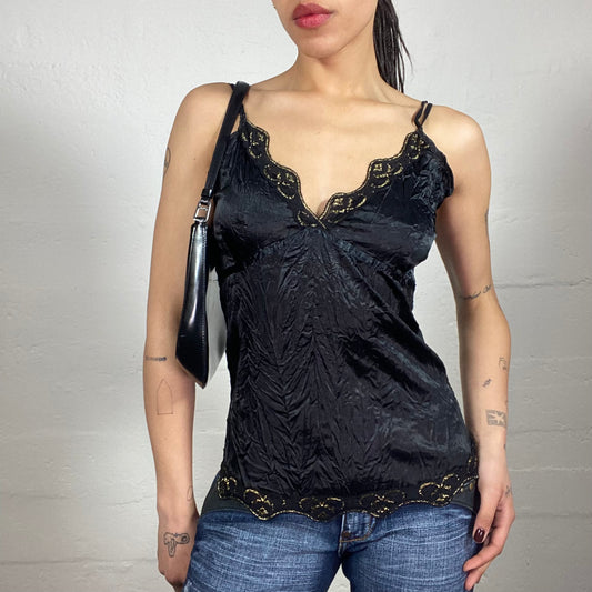 Vintage 2000's Coquette Silky Black Wrinkle Textured Cami Top with Black and Gold Lace Trim (S)