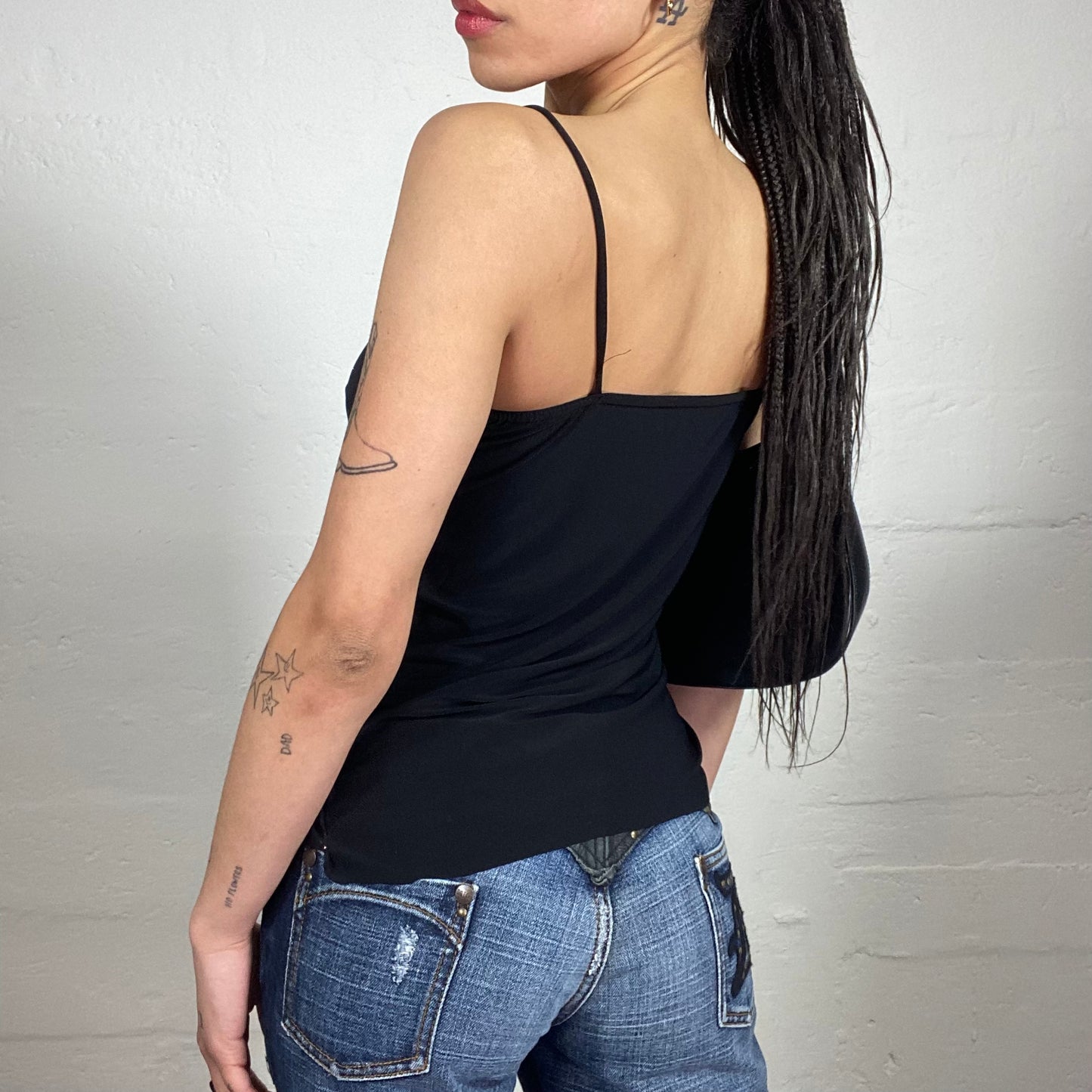 Vintage 2000's Clubwear Black Shiny Draped Long Cami Top with Middle Ribbon (S)
