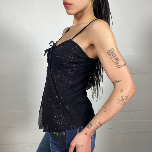 Vintage 2000's Clubwear Black Shiny Draped Long Cami Top with Middle Ribbon (S)