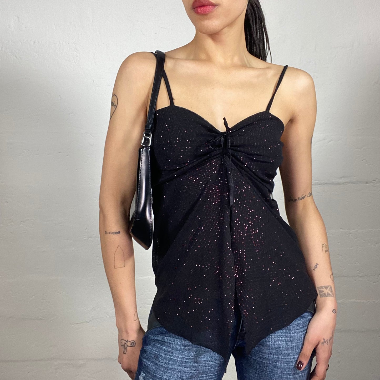 Vintage 2000's Clubwear Black Shiny Draped Long Cami Top with Middle Ribbon (S)