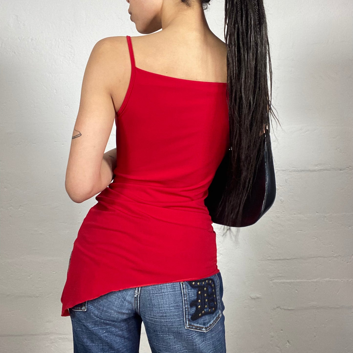 Vintage 2000's Glamorous Femme Fatale Blood Red Long Draped Asymmetric Cami Top with Metal Belt Detail (M)