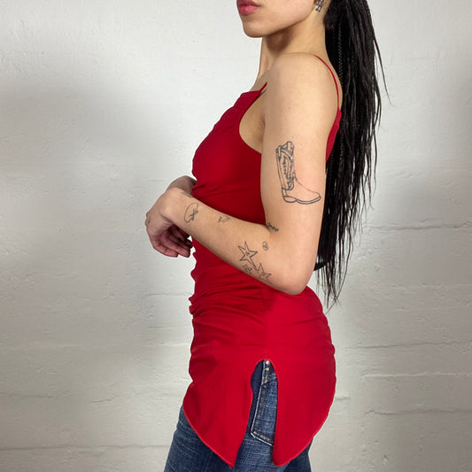 Vintage 2000's Glamorous Femme Fatale Blood Red Long Draped Asymmetric Cami Top with Metal Belt Detail (M)