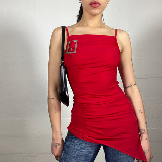 Vintage 2000's Glamorous Femme Fatale Blood Red Long Draped Asymmetric Cami Top with Metal Belt Detail (M)