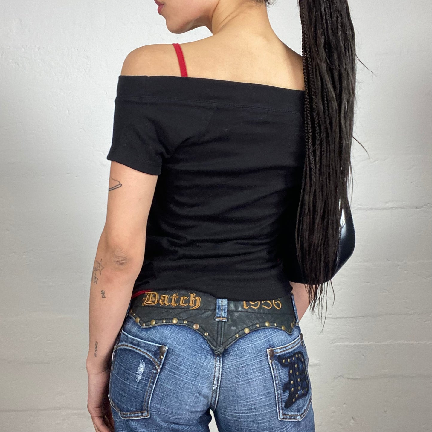 Vintage 2000's Grunge Biker Girl Black Off Shoulder Sculp Printed Top with Red Shoulder Stripes and Cut Effect Details (S)