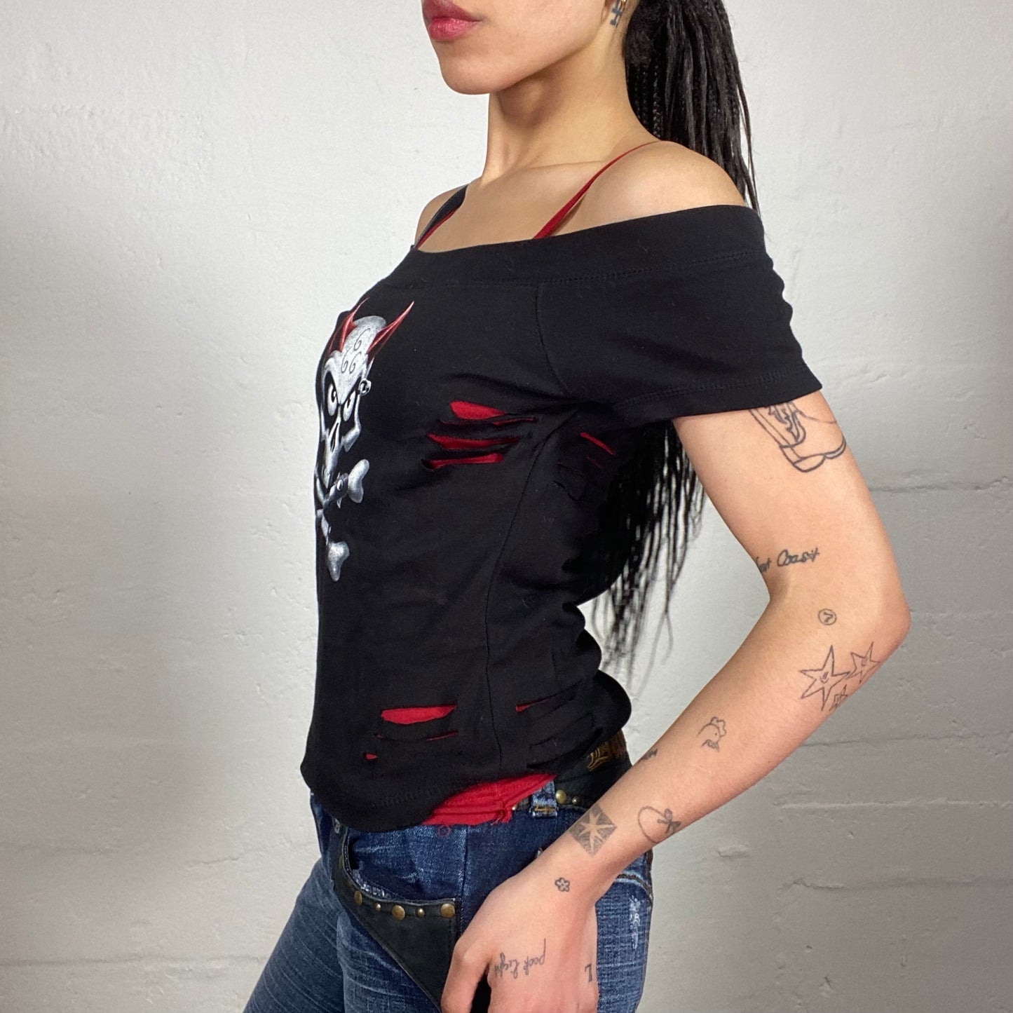 Vintage 2000's Grunge Biker Girl Black Off Shoulder Sculp Printed Top with Red Shoulder Stripes and Cut Effect Details (S)
