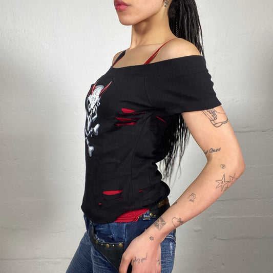 Vintage 2000's Grunge Biker Girl Black Off Shoulder Sculp Printed Top with Red Shoulder Stripes and Cut Effect Details (S)