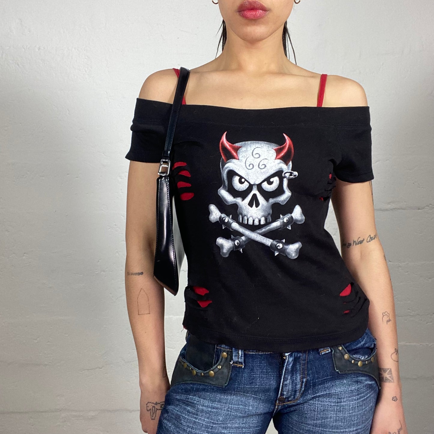 Vintage 2000's Grunge Biker Girl Black Off Shoulder Sculp Printed Top with Red Shoulder Stripes and Cut Effect Details (S)