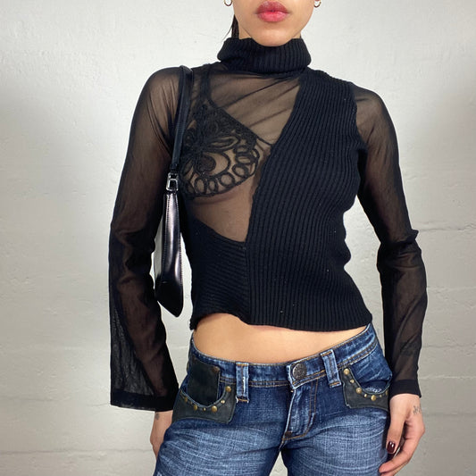 Vintage 2000's Downtown Girl Black Mesh and Knitted Longsleeve Top with Decorative Embroidery and Turtleneck (M)