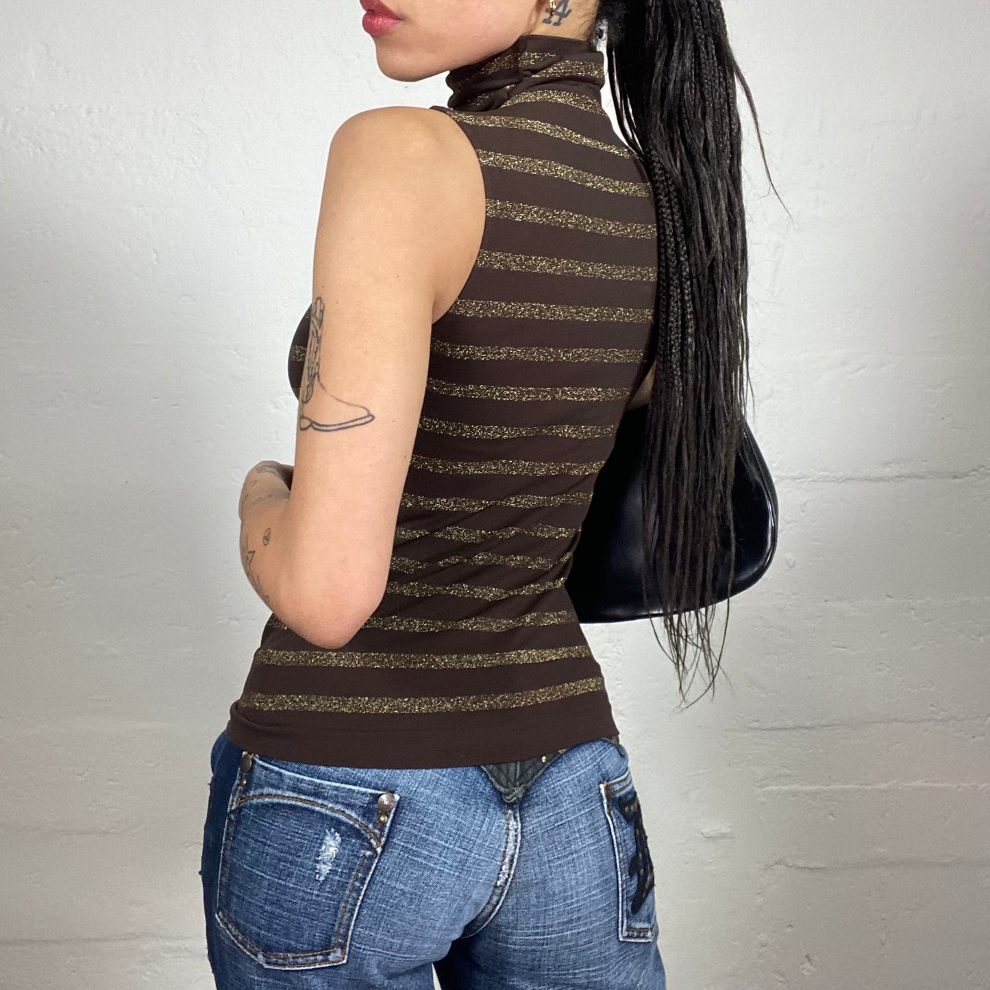 Vintage 2000's Sunday Coffee Date Sleeveless Brown Gold Shiny Striped High Neck Top (S)