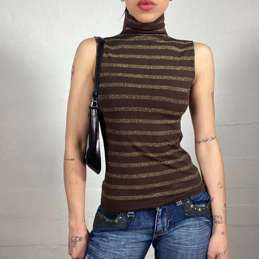 Vintage 2000's Sunday Coffee Date Sleeveless Brown Gold Shiny Striped High Neck Top (S)