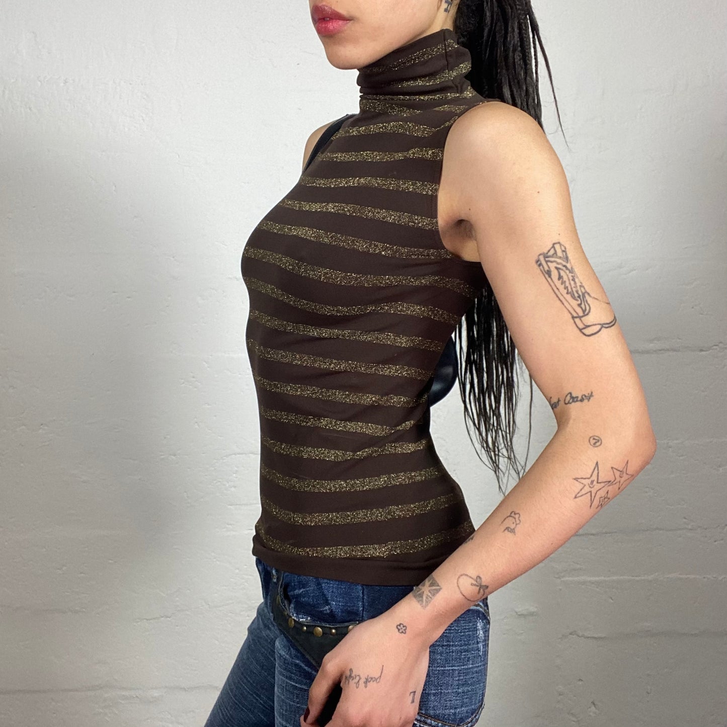 Vintage 2000's Sunday Coffee Date Sleeveless Brown Gold Shiny Striped High Neck Top (S)
