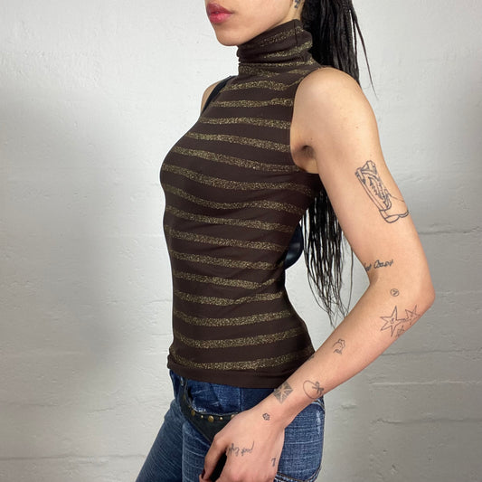 Vintage 2000's Sunday Coffee Date Sleeveless Brown Gold Shiny Striped High Neck Top (S)
