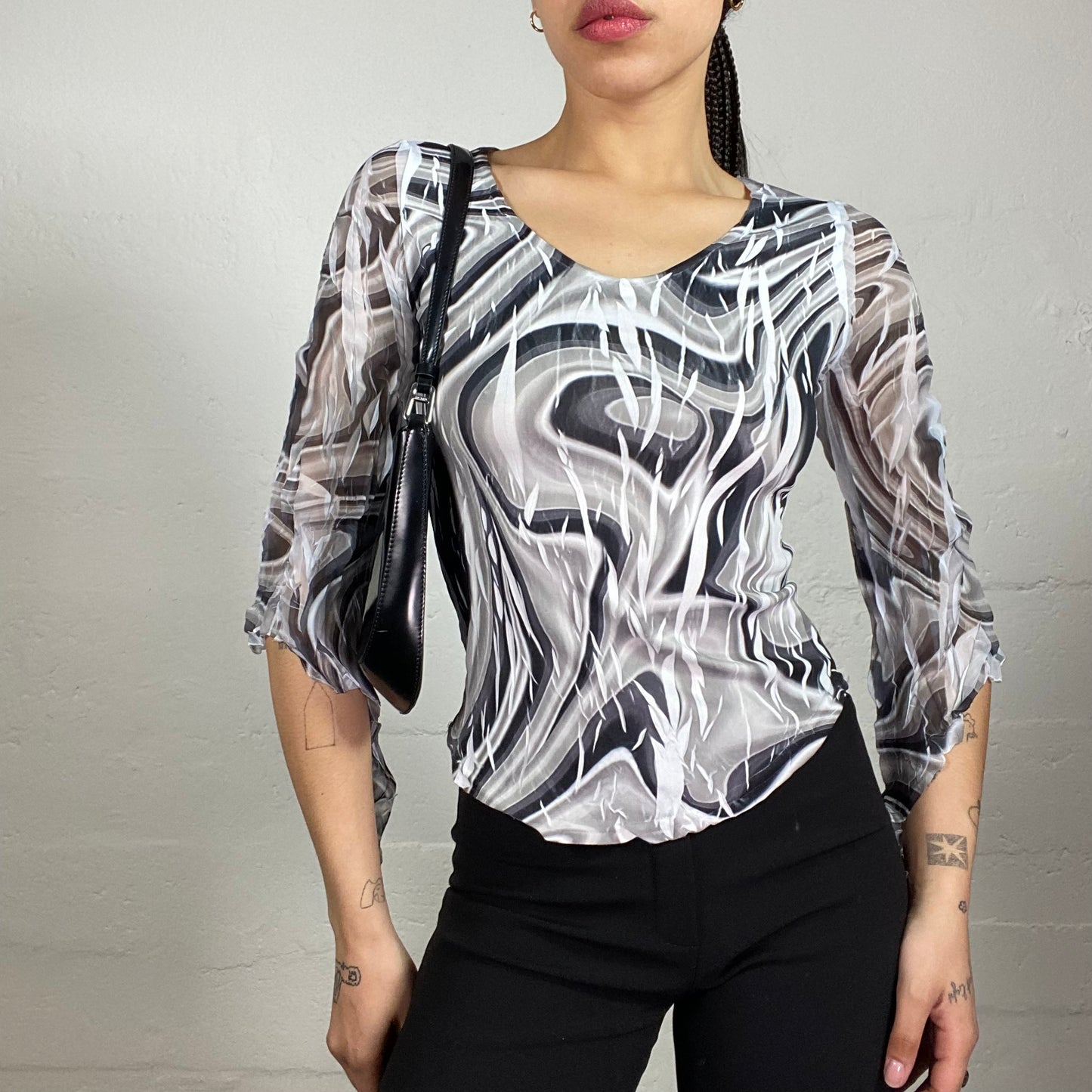 Vintage 2000's Romantic Chiffon Black and White Wrinkled Effect Texture 2/4 Sleeve Futuristic Print Top (S)