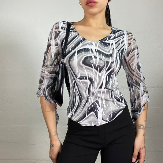 Vintage 2000's Romantic Chiffon Black and White Wrinkled Effect Texture 2/4 Sleeve Futuristic Print Top (S)