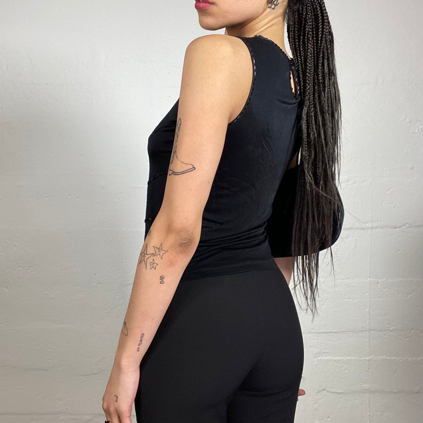 Vintage 2000's Clubwear Black Jersey Tank Top with Matching Black Sequins Embroidery (S)
