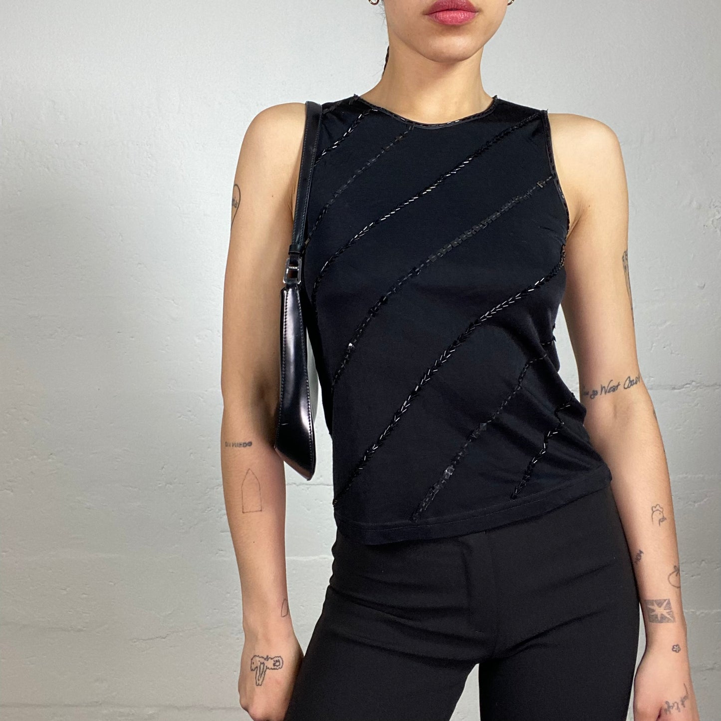 Vintage 2000's Clubwear Black Jersey Tank Top with Matching Black Sequins Embroidery (S)