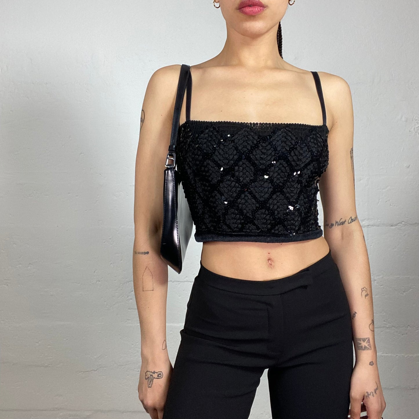 Vintage 2000's Clubwear Black Shiny Cropped Cami Top with Sequins Romb Embroidery (S)