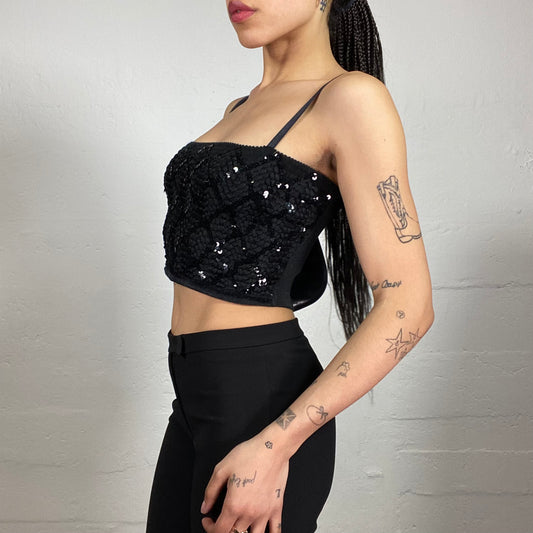 Vintage 2000's Clubwear Black Shiny Cropped Cami Top with Sequins Romb Embroidery (S)