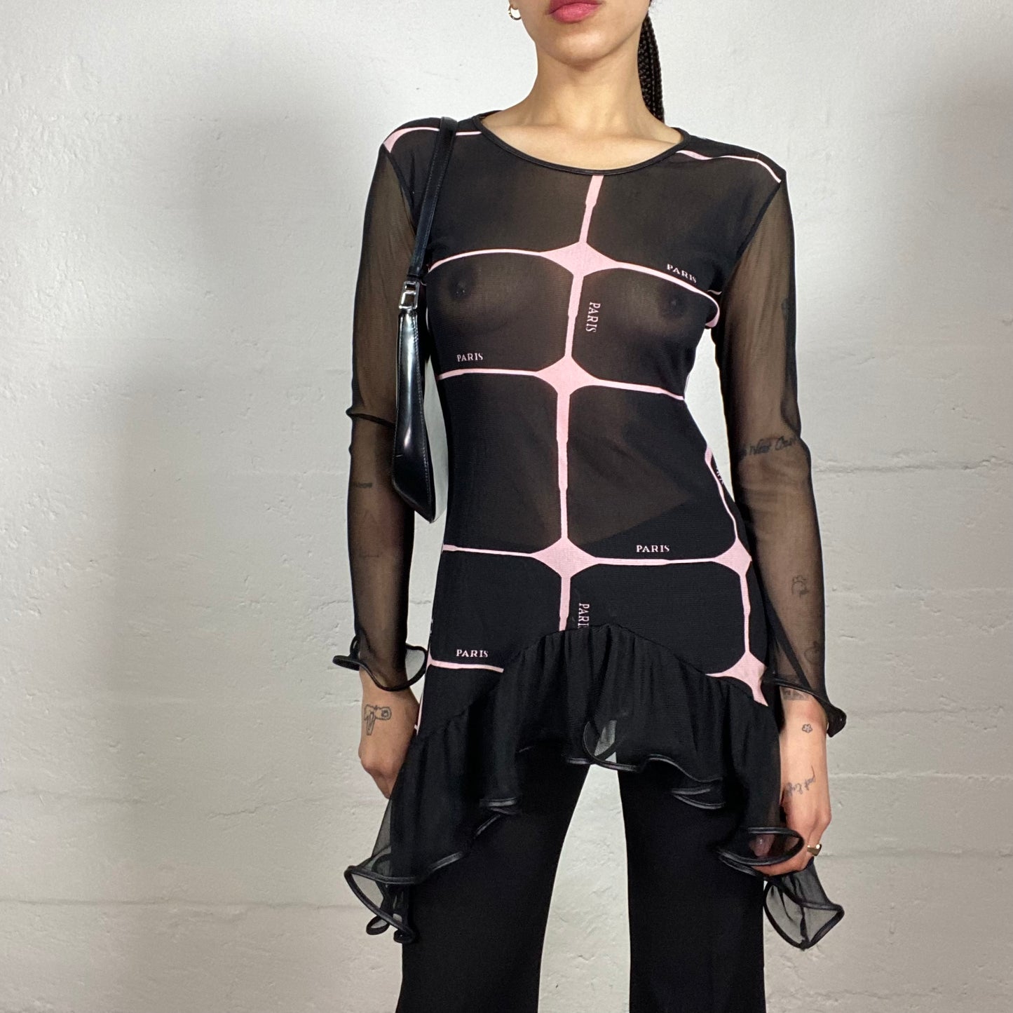 Vintage 2000's Soft Girl Mesh See-Through black Longsleeve Ruffled Top with Pink Futuristic Print and Paris Typography (S)
