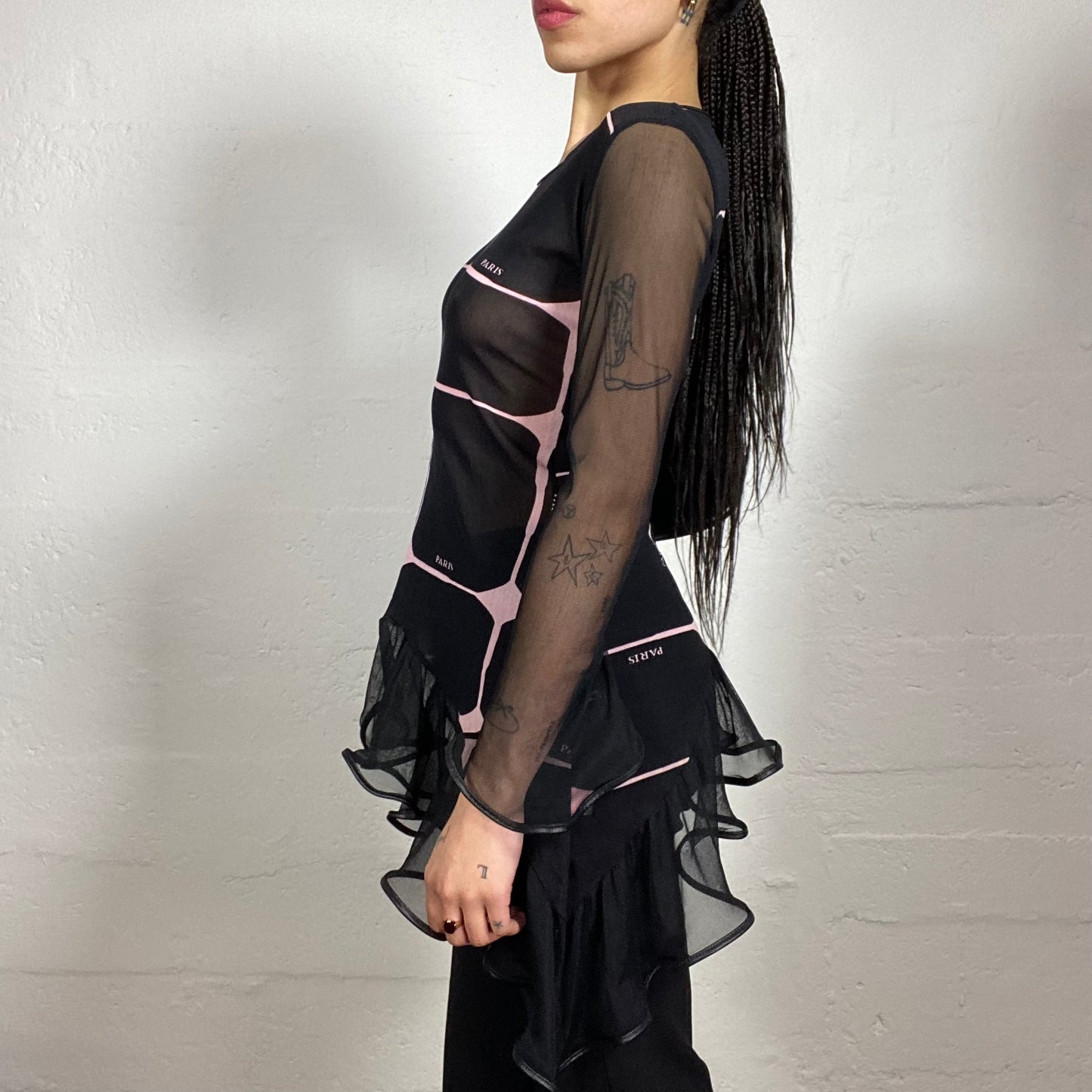 Vintage 2000's Soft Girl Mesh See-Through black Longsleeve Ruffled Top with Pink Futuristic Print and Paris Typography (S)