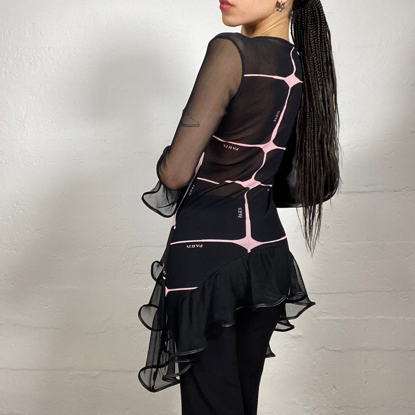 Vintage 2000's Soft Girl Mesh See-Through black Longsleeve Ruffled Top with Pink Futuristic Print and Paris Typography (S)
