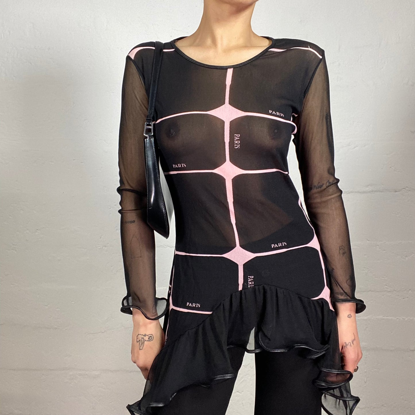 Vintage 2000's Soft Girl Mesh See-Through black Longsleeve Ruffled Top with Pink Futuristic Print and Paris Typography (S)