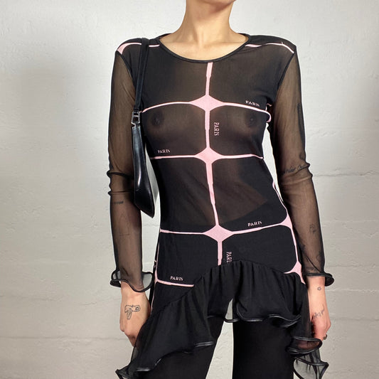 Vintage 2000's Soft Girl Mesh See-Through black Longsleeve Ruffled Top with Pink Futuristic Print and Paris Typography (S)