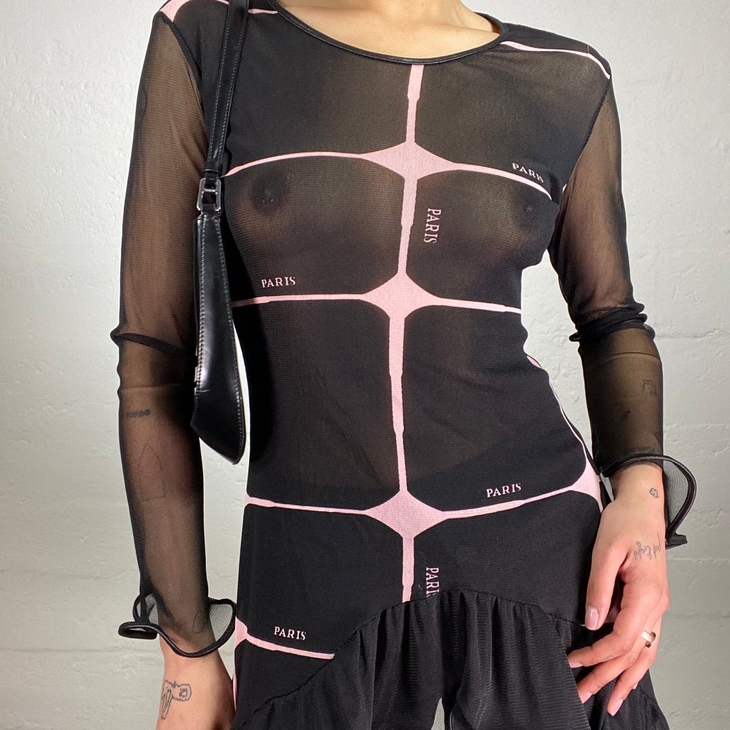 Vintage 2000's Soft Girl Mesh See-Through black Longsleeve Ruffled Top with Pink Futuristic Print and Paris Typography (S)