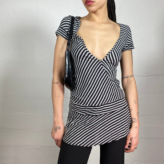 Vintage 2000's Coquette Striped Black and Grey Dress Style Shortsleeved Top with V-Chest Cut (S)