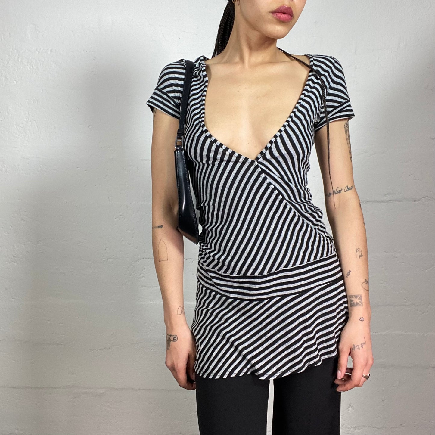 Vintage 2000's Coquette Striped Black and Grey Dress Style Shortsleeved Top with V-Chest Cut (S)