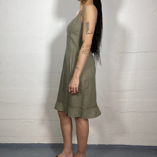 Vintage 90's Coffee Date Spring Grey Green Linen Cami Midi Dress with Bottom Ruffles (S)