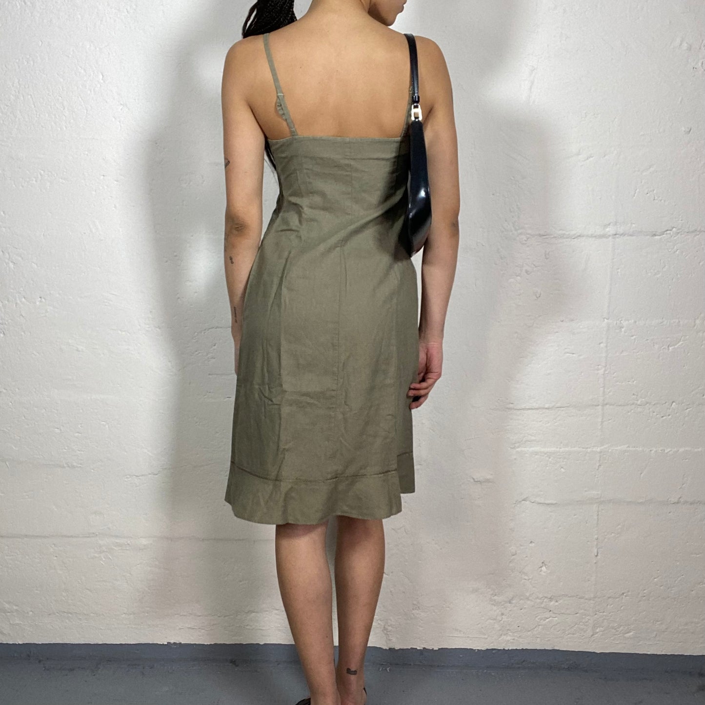 Vintage 90's Coffee Date Spring Grey Green Linen Cami Midi Dress with Bottom Ruffles (S)