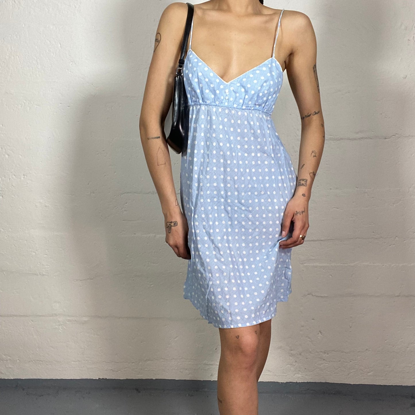 Vintage 2000's Countryside Summer Baby Blue Polka Dot Printed Cami Dress (M)