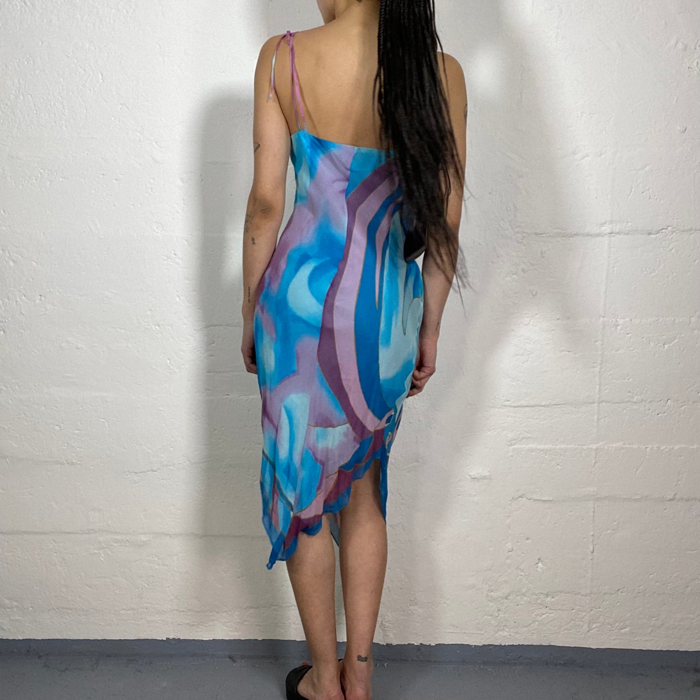 Vintage 2000's Summer Walk Aquamarin Blue Light Chiffon Asymmetric Midi Cami Dress with Abstract Purple Accented Print (M)