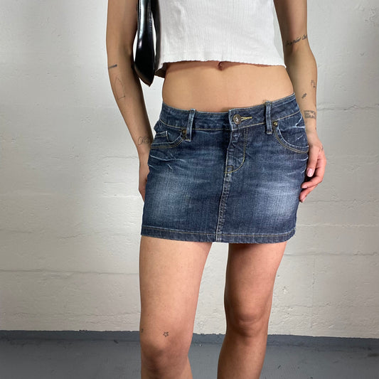 Vintage 2000's Downtown Girl Dark Blue Denim Low Waisted Mini Skirt with Back Pockets (S)