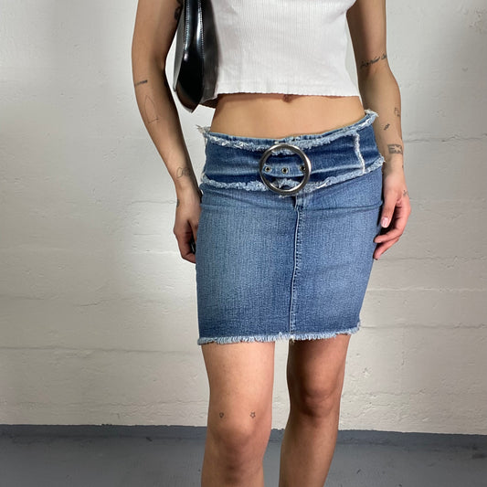 Vintage 2000's Casual Office Girl Slim Fitting Low Waisted Blue Denim Skirt with Open Trim and Silver Ring Detail (L)