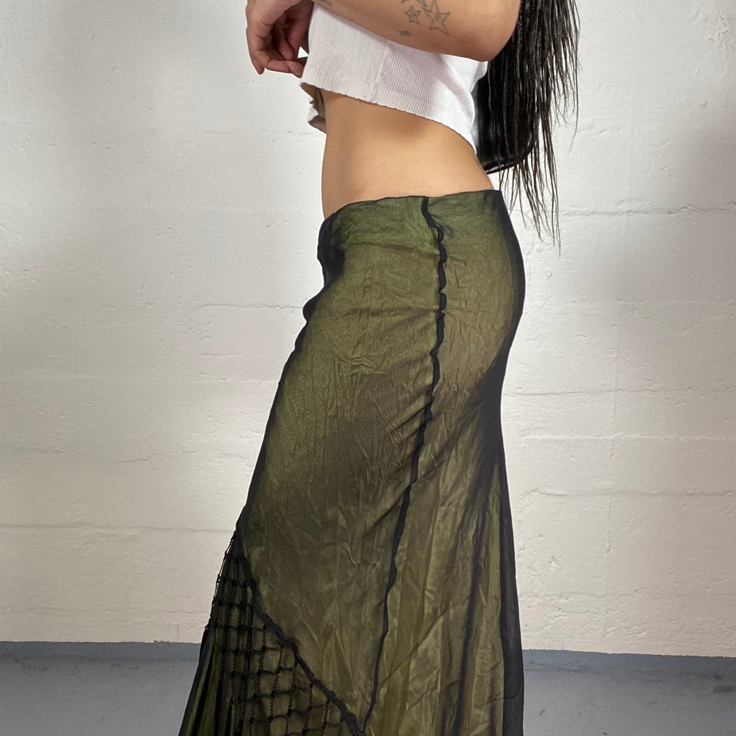 Vintage 2000's Boho Girl Mermaid Fit Low Waisted Khaki Green Shiny Maxi Skirt with Black Crochet Mesh Details (S)