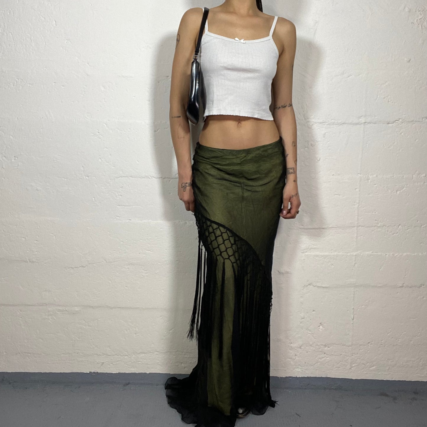 Vintage 2000's Boho Girl Mermaid Fit Low Waisted Khaki Green Shiny Maxi Skirt with Black Crochet Mesh Details (S)