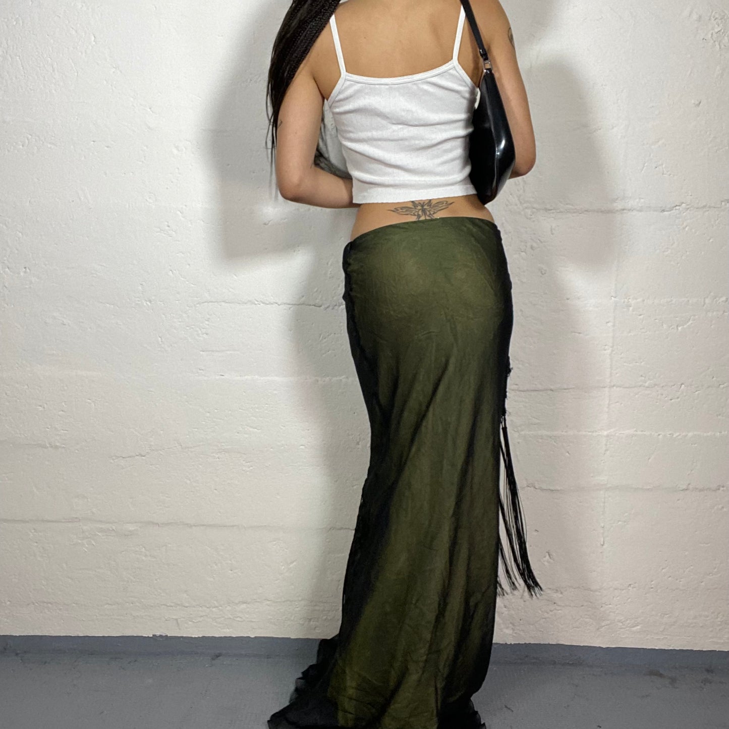 Vintage 2000's Boho Girl Mermaid Fit Low Waisted Khaki Green Shiny Maxi Skirt with Black Crochet Mesh Details (S)